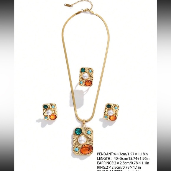 ✨ Gold Multi-Gem Statement Jewelry Set – Necklace, Earrings & Ring ✨ - Picture 4 of 10